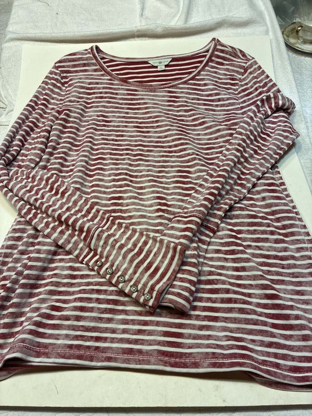 Lucky Lotus Red and White Striped Long Sleeve Thermal Top with Button Detail